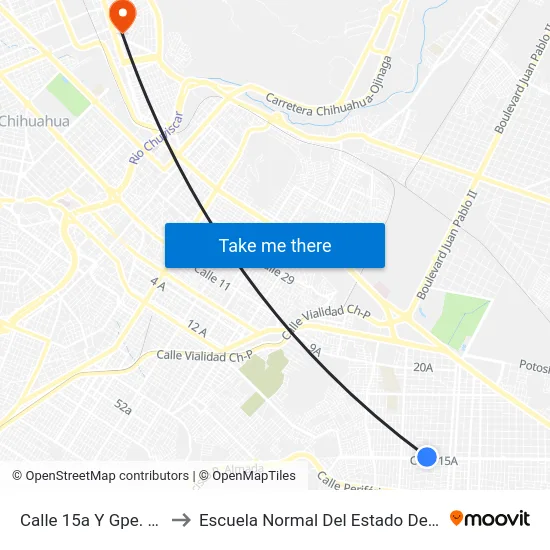 Calle 15a Y Gpe. Victoria to Escuela Normal Del Estado De Chihuahua map