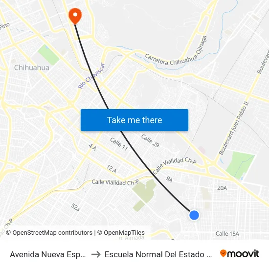 Avenida Nueva España, 2415 to Escuela Normal Del Estado De Chihuahua map