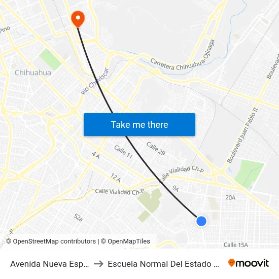 Avenida Nueva España 2218 to Escuela Normal Del Estado De Chihuahua map