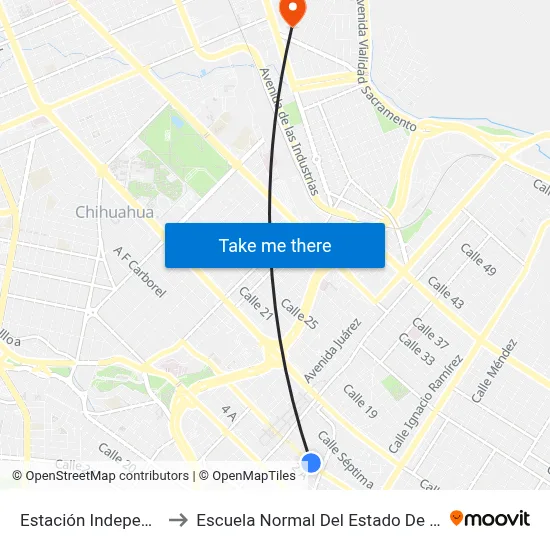 Estación Independencia to Escuela Normal Del Estado De Chihuahua map