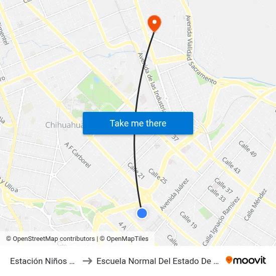 Estación Niños Heroes to Escuela Normal Del Estado De Chihuahua map