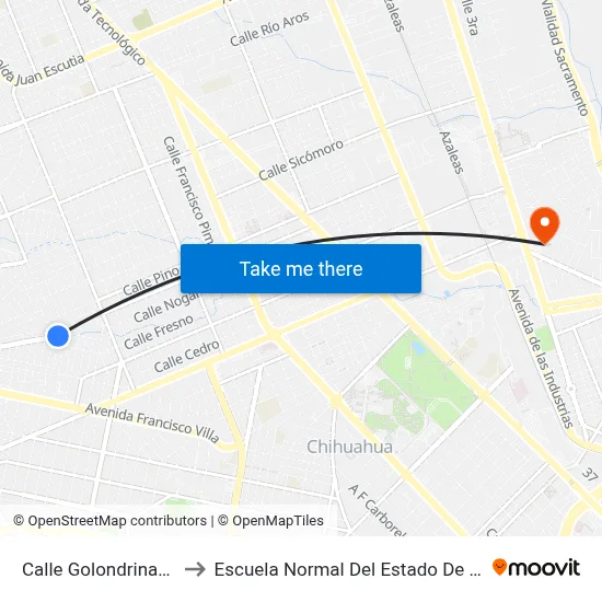 Calle Golondrinas, 4190 to Escuela Normal Del Estado De Chihuahua map