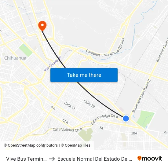 Vive Bus Terminal Sur to Escuela Normal Del Estado De Chihuahua map