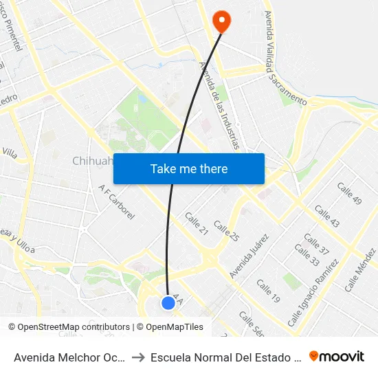 Avenida Melchor Ocampo, 502 to Escuela Normal Del Estado De Chihuahua map