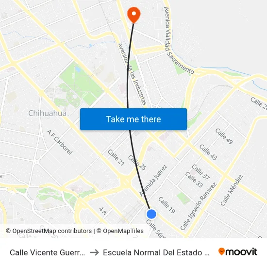Calle Vicente Guerrero, 1202 to Escuela Normal Del Estado De Chihuahua map