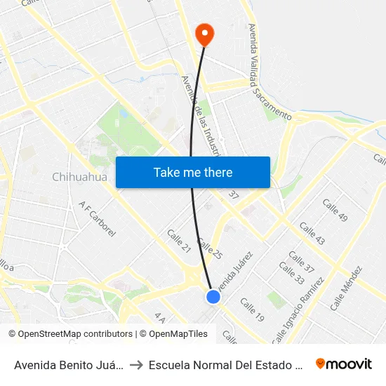 Avenida Benito Juárez, 1100 to Escuela Normal Del Estado De Chihuahua map