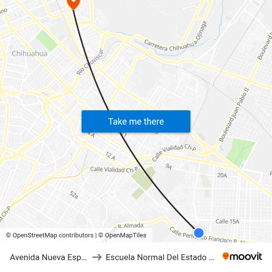 Avenida Nueva España, 3401 to Escuela Normal Del Estado De Chihuahua map