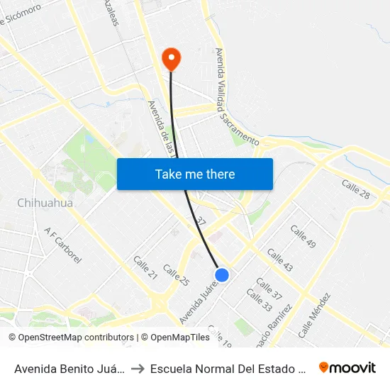 Avenida Benito Juárez, 3101 to Escuela Normal Del Estado De Chihuahua map