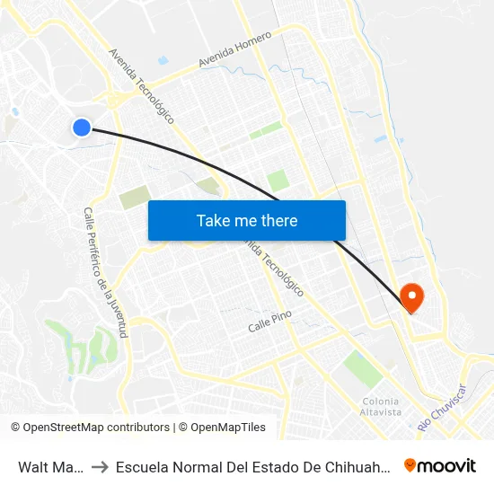 Walt Mart to Escuela Normal Del Estado De Chihuahua map