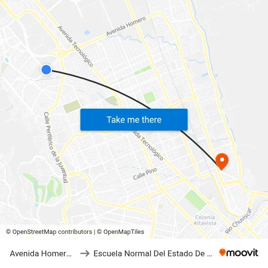 Avenida Homero, 1800 to Escuela Normal Del Estado De Chihuahua map