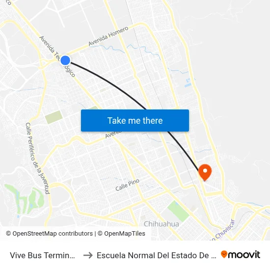 Vive Bus Terminal Norte to Escuela Normal Del Estado De Chihuahua map