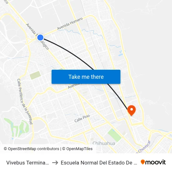 Vivebus Terminal Norte to Escuela Normal Del Estado De Chihuahua map