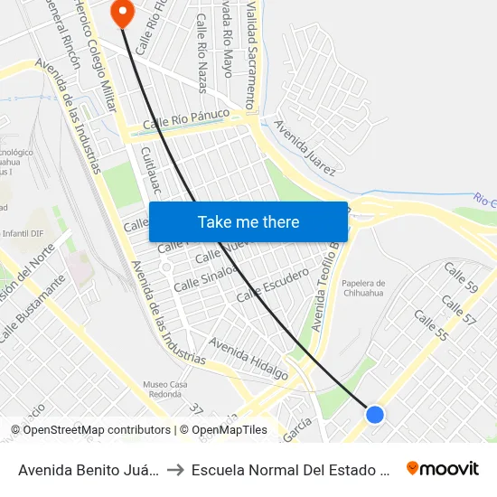 Avenida Benito Juárez, 4510 to Escuela Normal Del Estado De Chihuahua map
