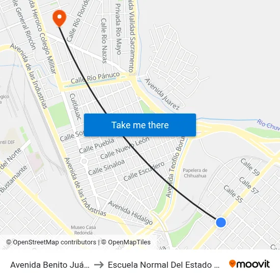 Avenida Benito Juárez, 4915 to Escuela Normal Del Estado De Chihuahua map