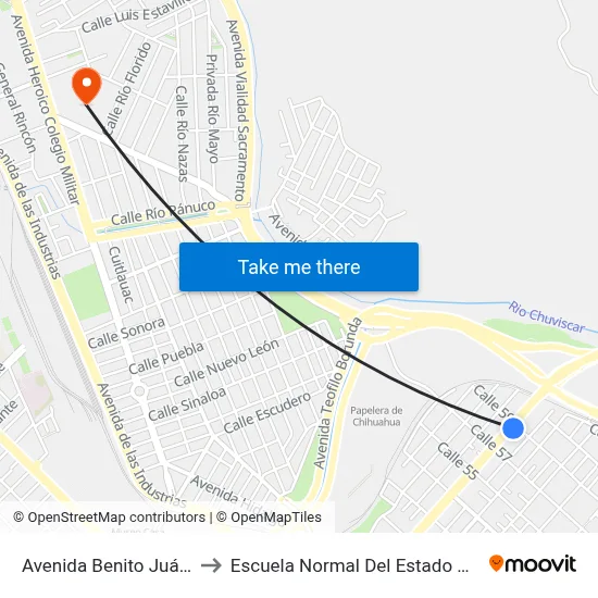 Avenida Benito Juárez, 5710 to Escuela Normal Del Estado De Chihuahua map