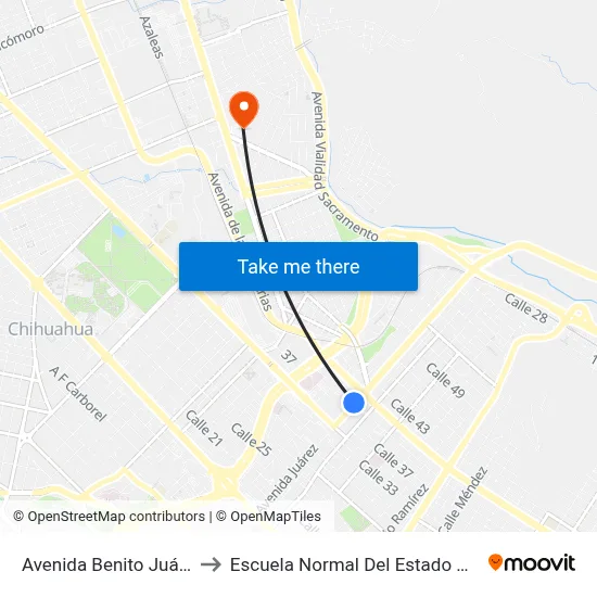 Avenida Benito Juárez, 3769 to Escuela Normal Del Estado De Chihuahua map