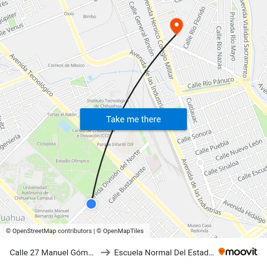 Calle 27 Manuel Gómez Morin, 2304 to Escuela Normal Del Estado De Chihuahua map