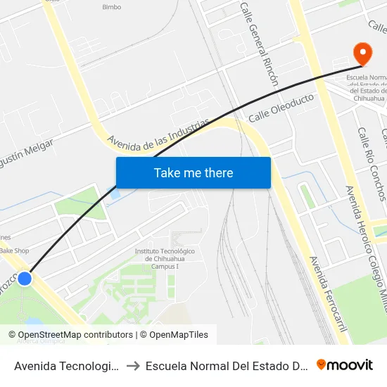 Avenida Tecnologico, 2902 to Escuela Normal Del Estado De Chihuahua map