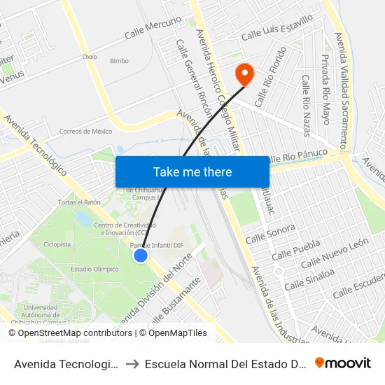 Avenida Tecnologico, 2903 to Escuela Normal Del Estado De Chihuahua map