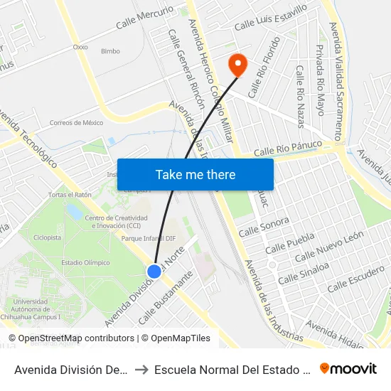 Avenida División Del Norte, 27 to Escuela Normal Del Estado De Chihuahua map