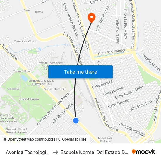 Avenida Tecnologico, 1901 to Escuela Normal Del Estado De Chihuahua map