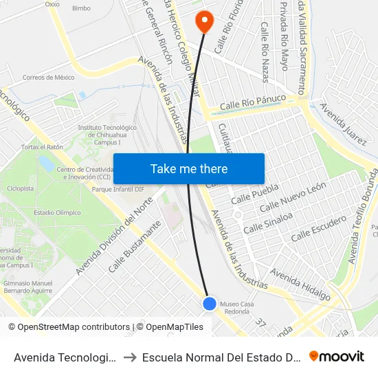 Avenida Tecnologico, 1303 to Escuela Normal Del Estado De Chihuahua map
