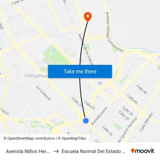 Avenida Niños Heroes, 1101 to Escuela Normal Del Estado De Chihuahua map