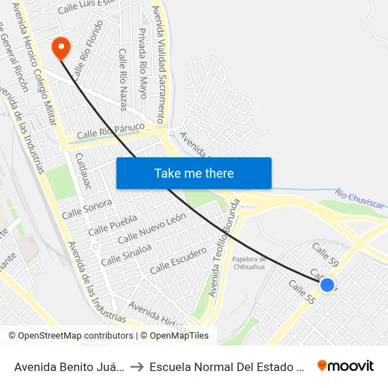 Avenida Benito Juárez, 5512 to Escuela Normal Del Estado De Chihuahua map