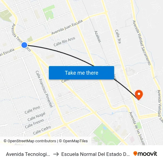 Avenida Tecnologico, 7501 to Escuela Normal Del Estado De Chihuahua map