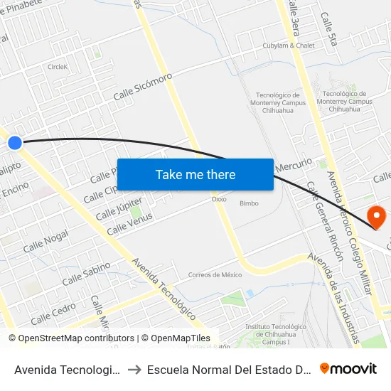 Avenida Tecnologico, 5309 to Escuela Normal Del Estado De Chihuahua map