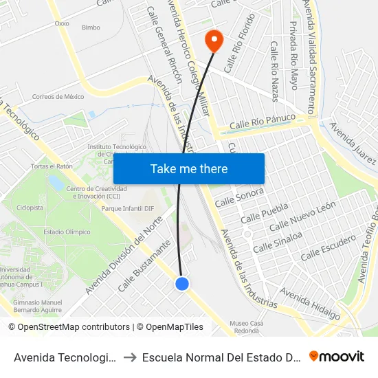 Avenida Tecnologico, 1711 to Escuela Normal Del Estado De Chihuahua map