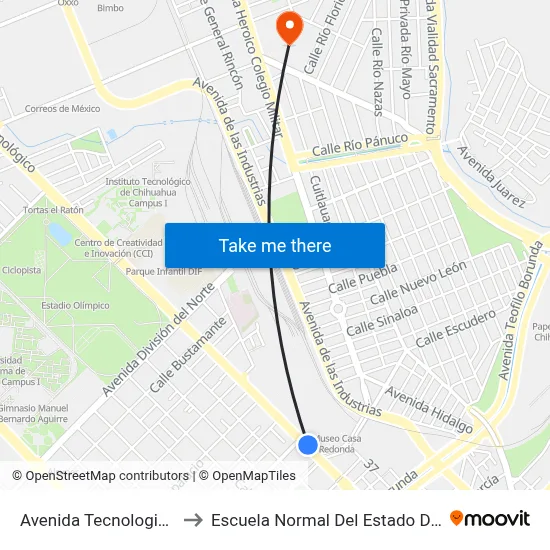 Avenida Tecnologico, 1113a to Escuela Normal Del Estado De Chihuahua map