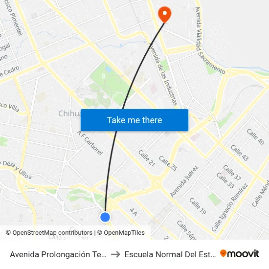 Avenida Prolongación Teófilo Borunda, 1201 to Escuela Normal Del Estado De Chihuahua map