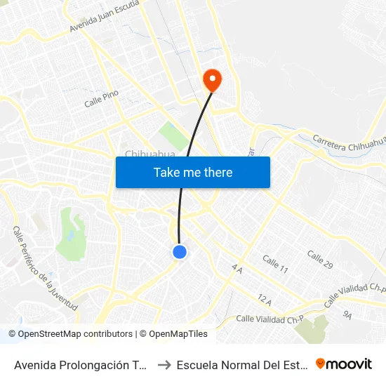 Avenida Prolongación Teófilo Borunda, 428 to Escuela Normal Del Estado De Chihuahua map