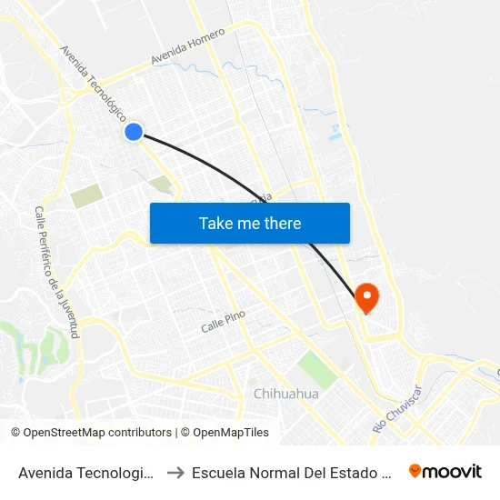 Avenida Tecnologico, 11104 to Escuela Normal Del Estado De Chihuahua map