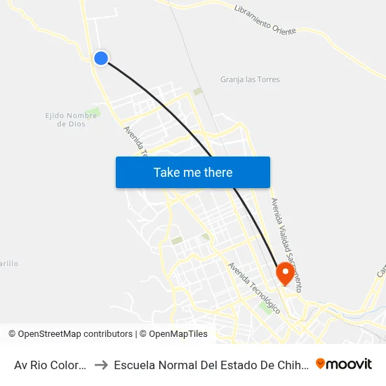 Av Rio Colorado to Escuela Normal Del Estado De Chihuahua map