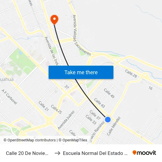 Calle 20 De Noviembre, 3717 to Escuela Normal Del Estado De Chihuahua map
