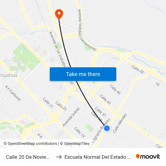 Calle 20 De Noviembre, 2918 to Escuela Normal Del Estado De Chihuahua map
