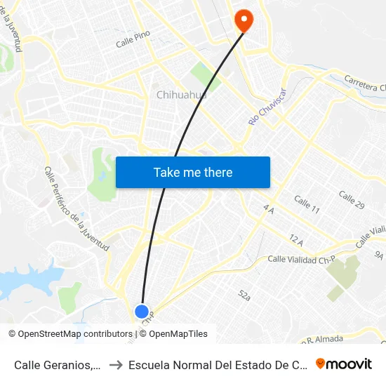 Calle Geranios, 1103 to Escuela Normal Del Estado De Chihuahua map