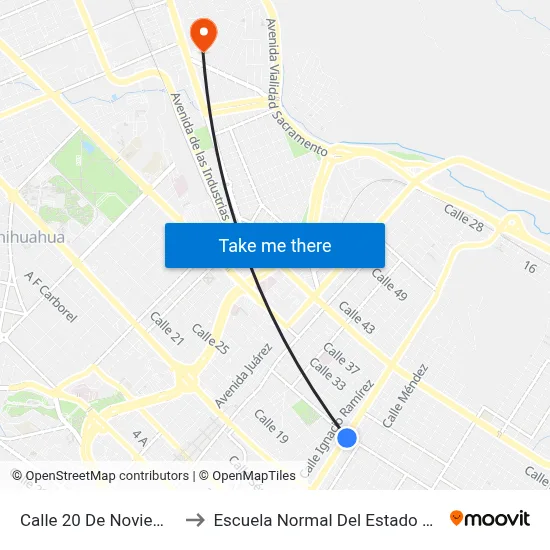 Calle 20 De Noviembre, 2534 to Escuela Normal Del Estado De Chihuahua map