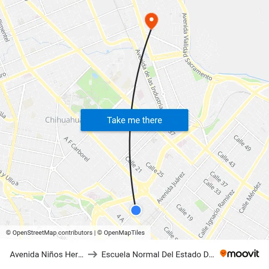 Avenida Niños Heroes, 303 to Escuela Normal Del Estado De Chihuahua map