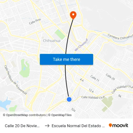 Calle 20 De Noviembre, 4403 to Escuela Normal Del Estado De Chihuahua map