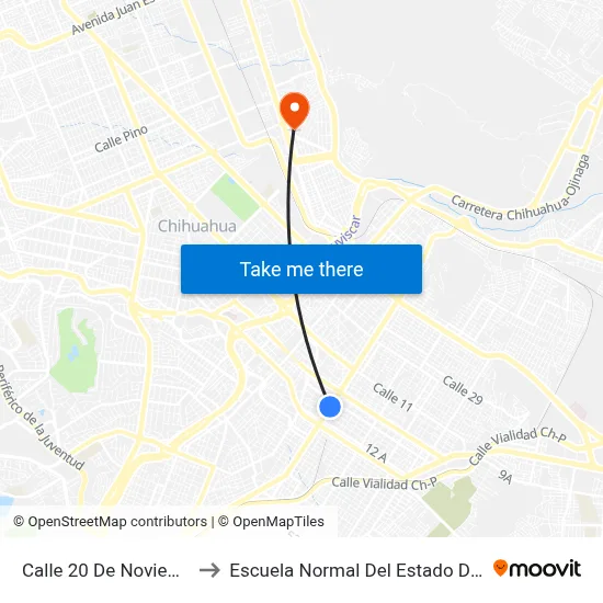 Calle 20 De Noviembre, 600 to Escuela Normal Del Estado De Chihuahua map