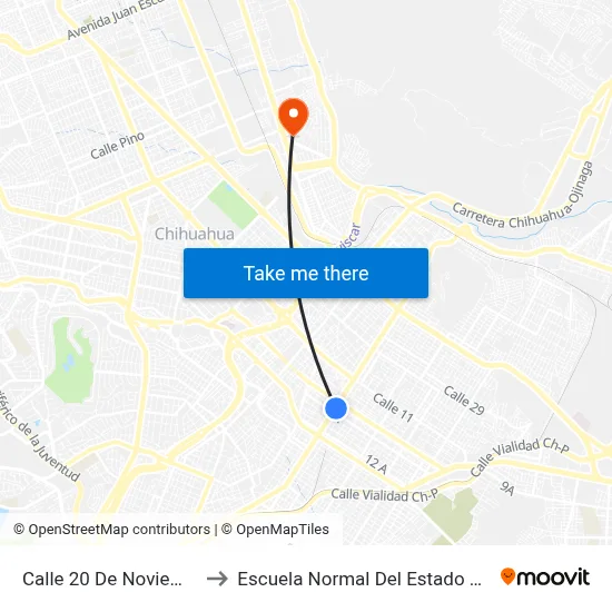 Calle 20 De Noviembre, 200a to Escuela Normal Del Estado De Chihuahua map