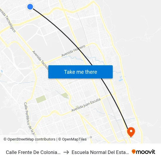 Calle Frente De Colonias Populares, 344 to Escuela Normal Del Estado De Chihuahua map
