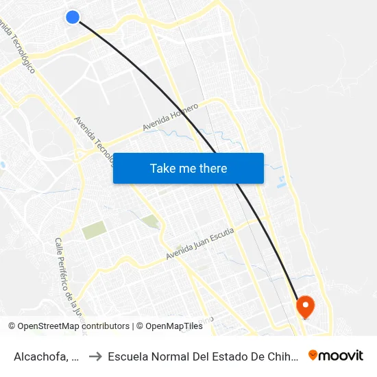 Alcachofa, 101 to Escuela Normal Del Estado De Chihuahua map