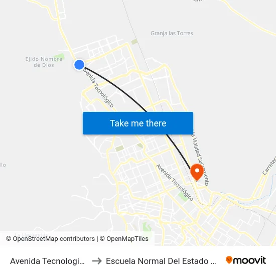 Avenida Tecnologico, 18161 to Escuela Normal Del Estado De Chihuahua map
