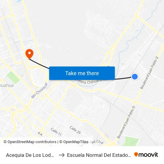 Acequia De Los Lodazales, 7432 to Escuela Normal Del Estado De Chihuahua map