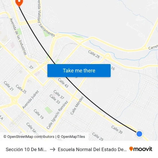 Sección 10 De Mineros, 2 to Escuela Normal Del Estado De Chihuahua map