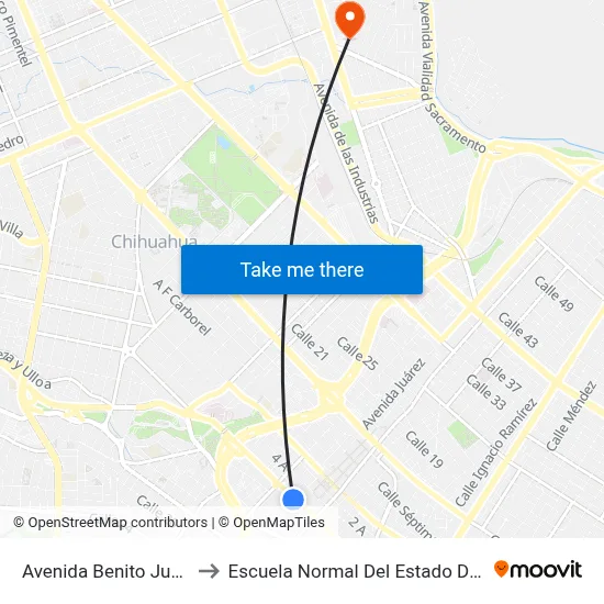 Avenida Benito Juárez, 802 to Escuela Normal Del Estado De Chihuahua map